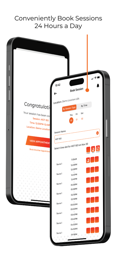 Zwei Mobiltelefone, die die HOTWORX-App-Sitzungsbuchungsoberfläche und eine Buchungsbestätigungsbildschirm zeigen