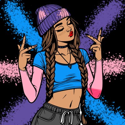 realistic teenage girl with braids and a beanie and crop top doing 🫶🏼