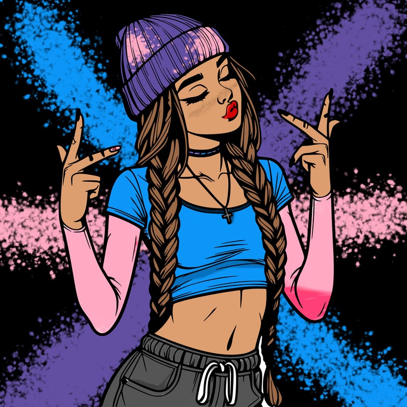 realistic teenage girl with braids and a beanie and crop top doing 🫶🏼