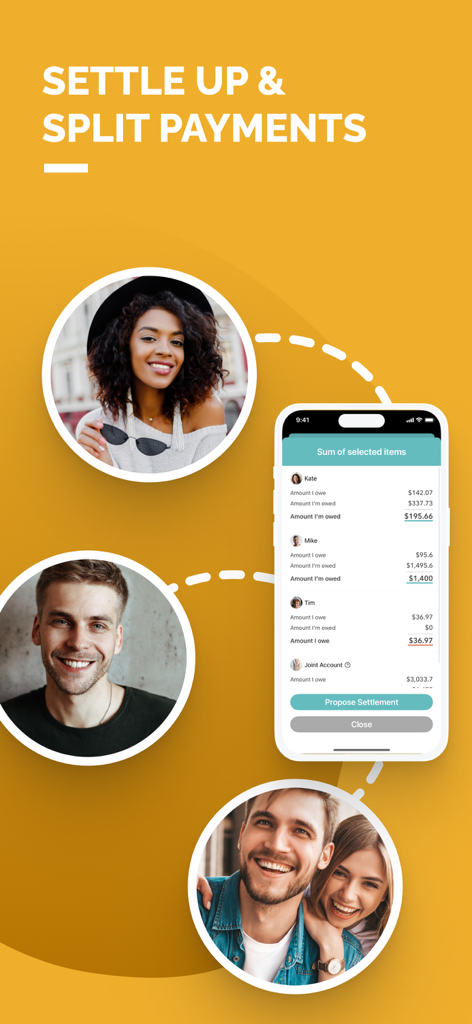 Sharerooアプリの画面。家計費の精算と支払い分割機能を表示。