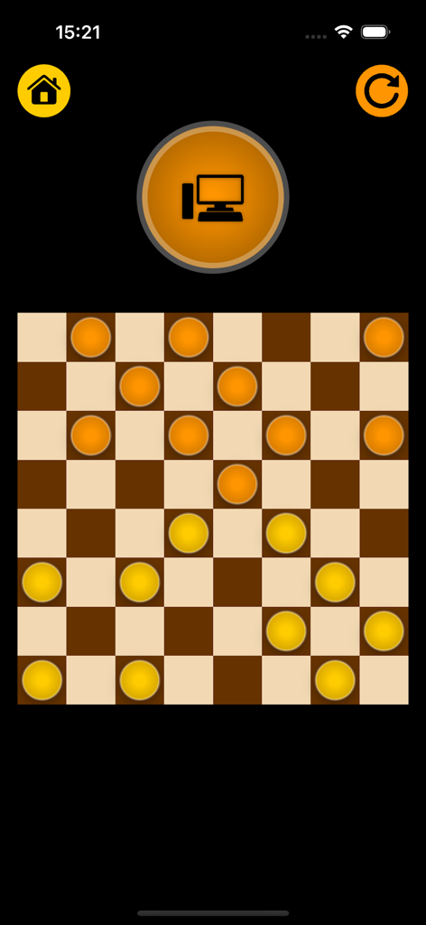 Tablero de juego de damas móvil con piezas naranjas y amarillas contra IA