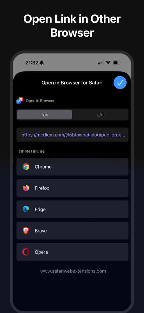 Open in Browser for Safari - Interfaz de la extensión Abrir en Navegador para Safari en iPhone mostrando opciones de selección de navegador