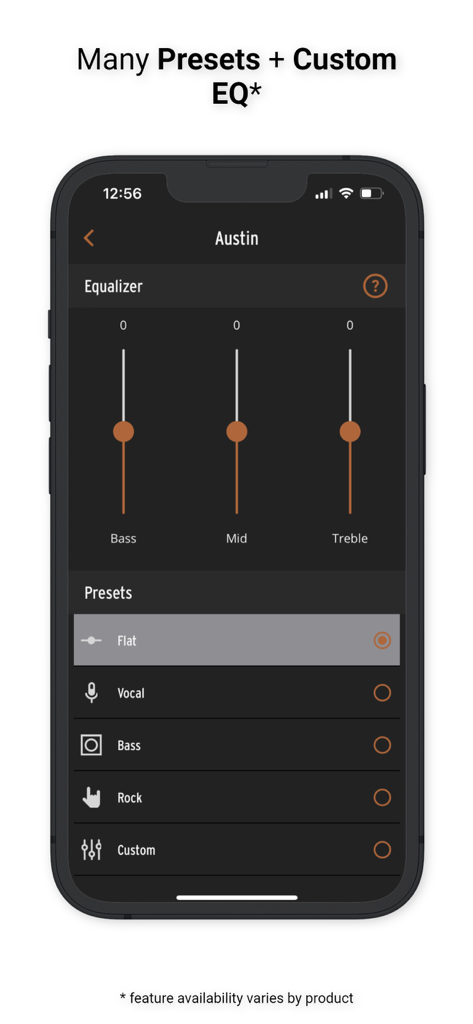 Klipsch Connect Plus app interface showing custom equalizer sliders and audio presets for the Austin speaker