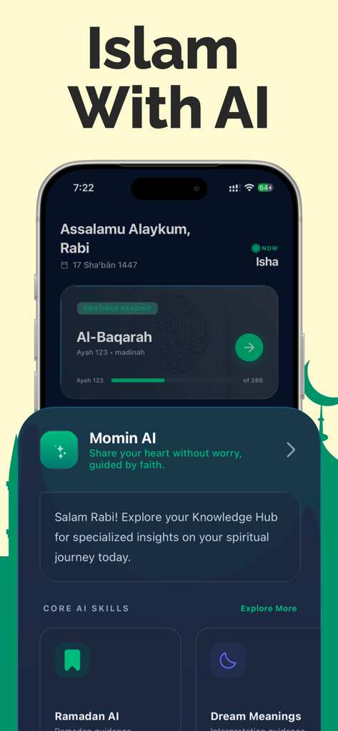 The home interface of Deen AI app featuring prayer times and Quran learning progress.