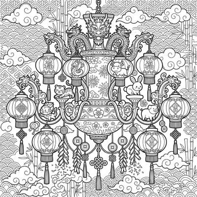 Illuminate your creativity with this exquisite Lunar New Year chandelier coloring page, blending festive celebration with intricate design. Discover dragons, lanterns, and zodiac animals awaiting your vibrant touch in this unique artwork.