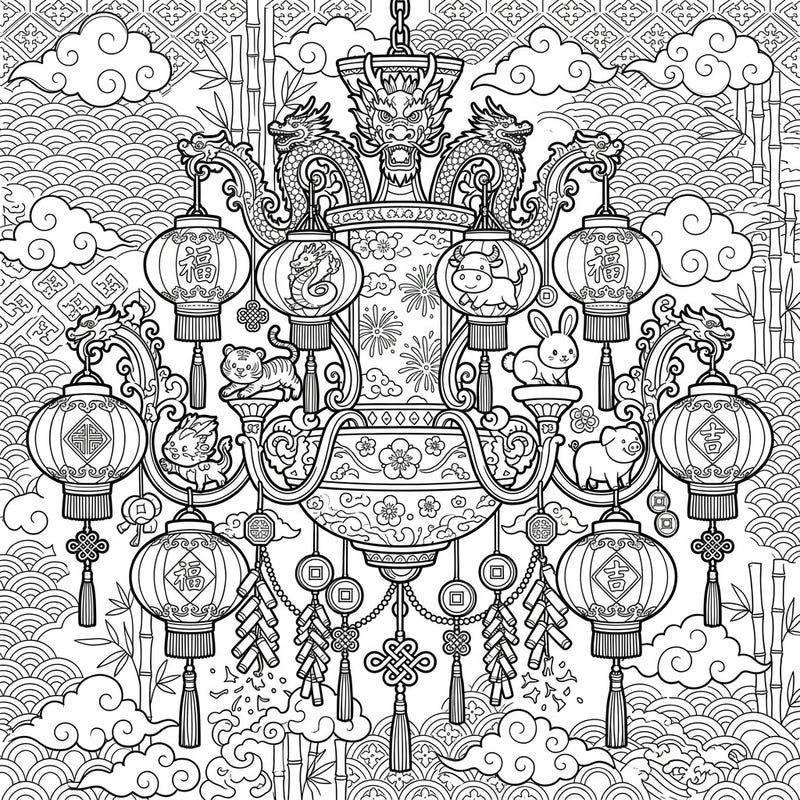 Illuminate your creativity with this exquisite Lunar New Year chandelier coloring page, blending festive celebration with intricate design. Discover dragons, lanterns, and zodiac animals awaiting your vibrant touch in this unique artwork.