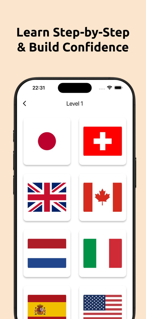 Uno screenshot dell'app Quiz Bandiere Paesi del Mondo che mostra il primo livello di un quiz di geografia con una griglia di bandiere mondiali tra cui Giappone, Svizzera e Regno Unito