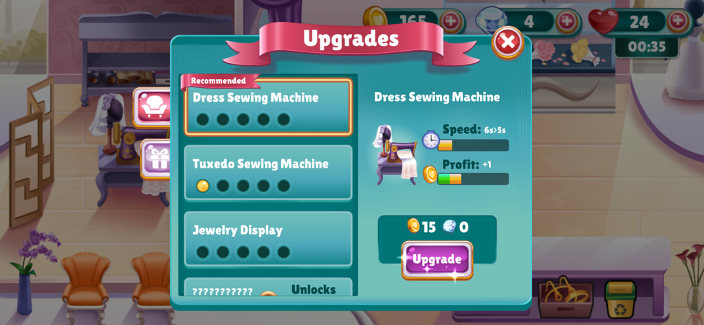 Ellie's Wedding Journey - Ellie's Wedding Journey의 업그레이드 메뉴, 재봉틀 및 샵 장비 개선 옵션 표시