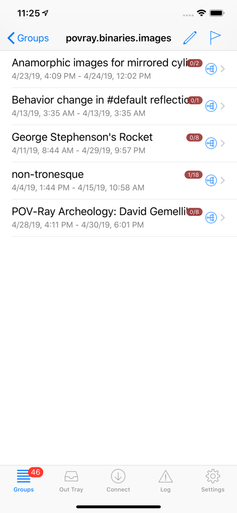 La aplicación NewsTap mostrando una lista de hilos de discusión en un grupo de noticias de Usenet