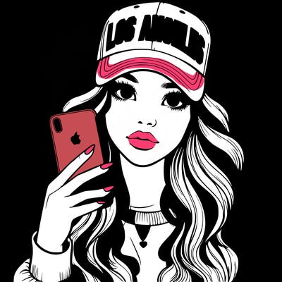 realistic beautiful girl wearing los ángeles cap holding an iphone