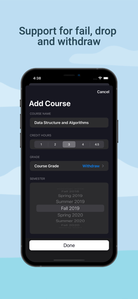 CGPA Calculator & Tracker - Add Course screen in dark mode showing withdrawal option and credit selection