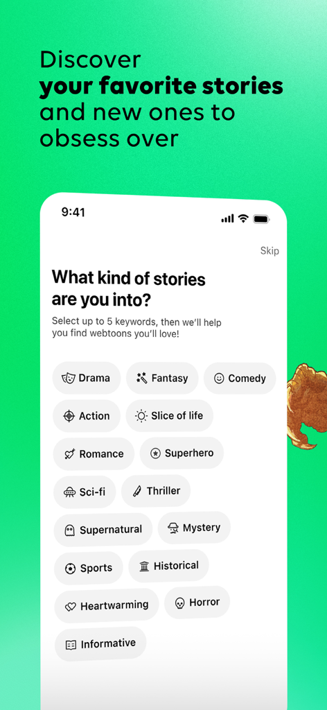 WEBTOON: Manga, Comics, Manhwa - WEBTOON app interface showing genre selection with options like Drama, Fantasy, and Comedy
