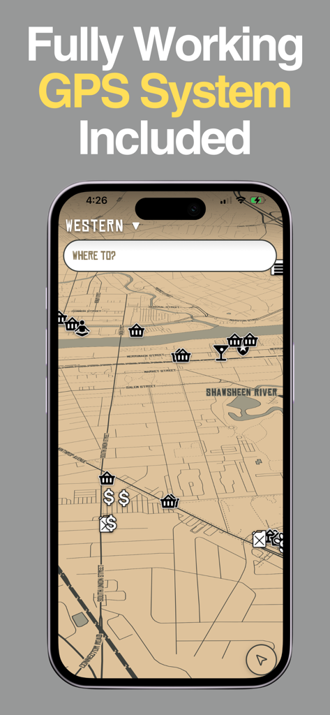 Pixel Maps - Game Maps IRL - Pixel Maps app showing a GPS interface with a Western video game map style.