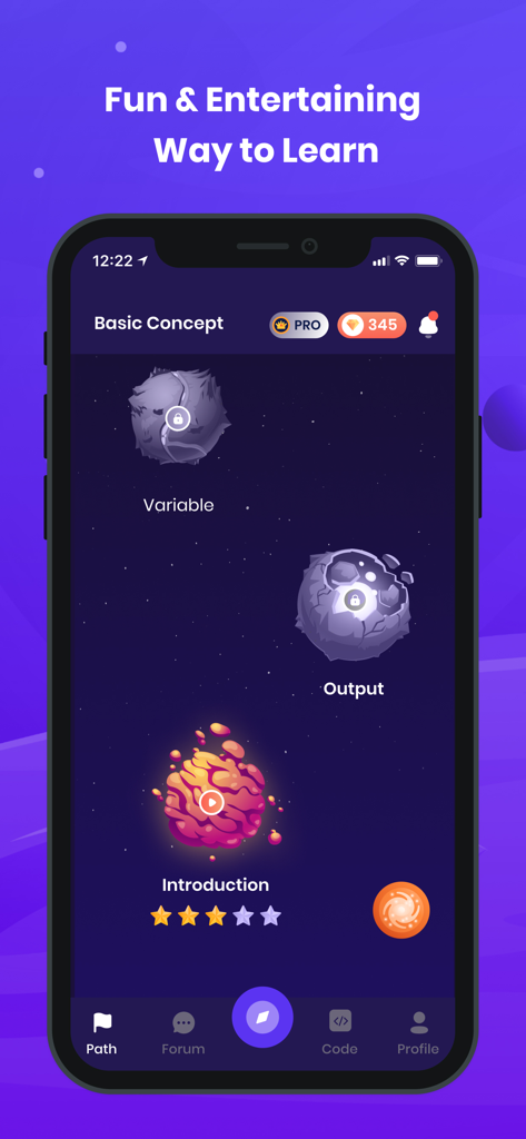 Programming Hero: Coding Fun - A smartphone screen displaying a space-themed learning path with planetary lesson nodes in the Programming Hero app