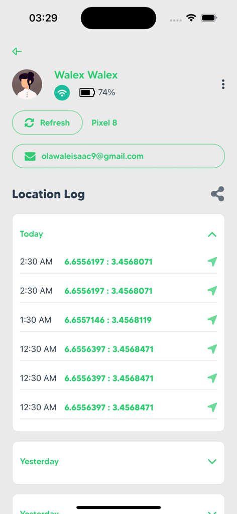 Tyda - Tyda app interface displaying a chronological log of location coordinates and timestamps for a tracked user.
