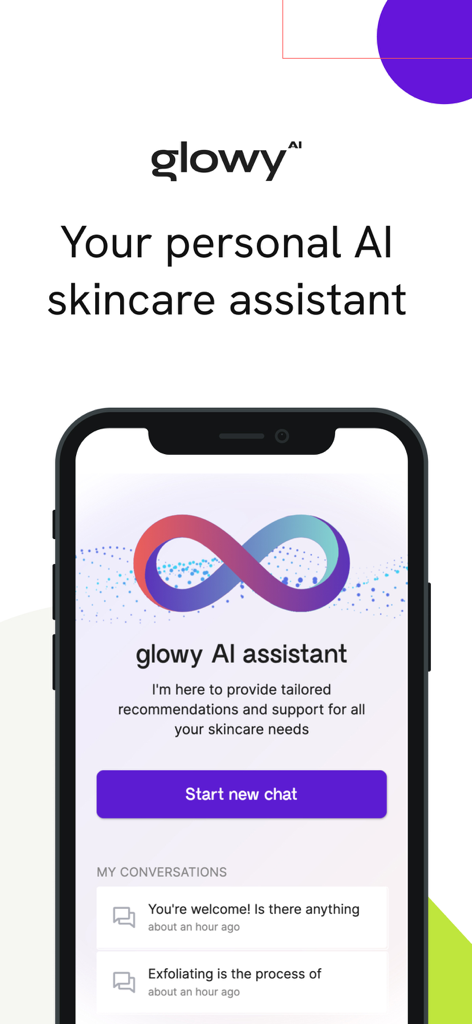 glowy AI - Skincare assistant - La pantalla de inicio de la aplicación asistente de cuidado de la piel glowy AI con un botón para iniciar un nuevo chat y una lista de conversaciones recientes.