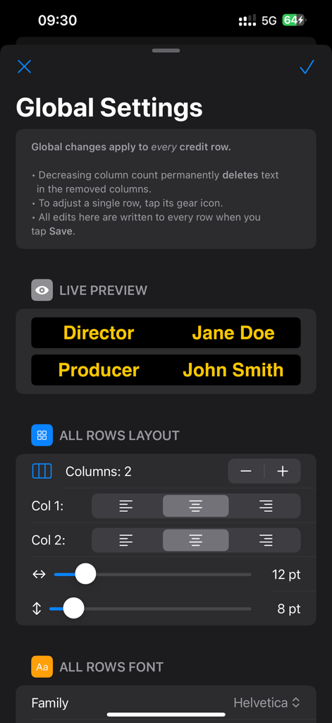 Global settings menu in End Credits Maker app for managing layout columns and text alignment for film credits