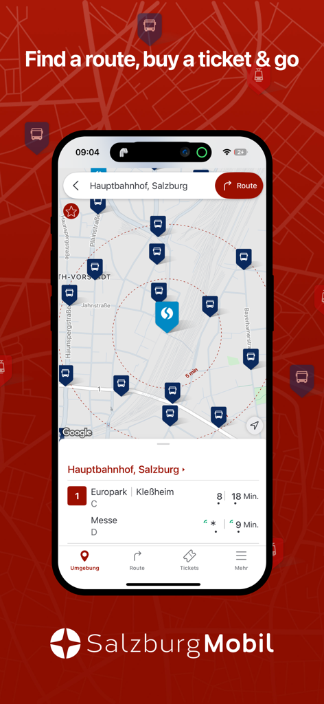 SalzburgMobil - SalzburgMobil app interface showing a real-time transit map with bus and train departures in Salzburg
