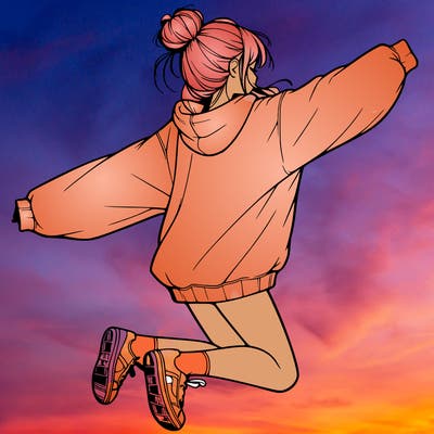 realistic girl jumping with a bun and oversized sweatshirt