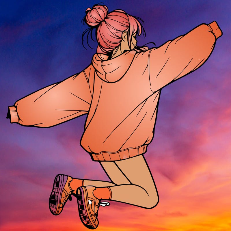 realistic girl jumping with a bun and oversized sweatshirt
