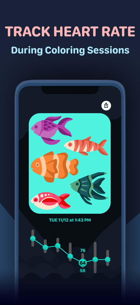Smartphone screen showing heart rate tracking graph and colored fish illustrations from a Coloring Watch session