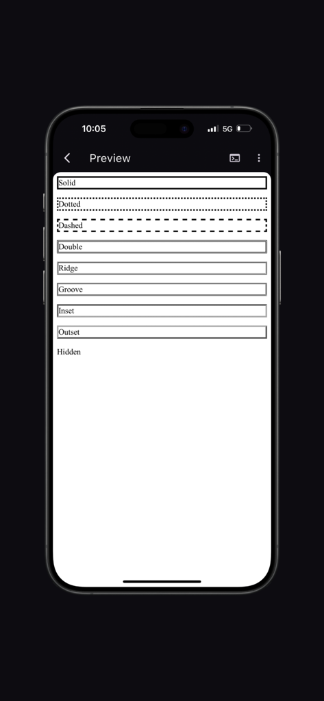 Una pantalla de vista previa en la aplicación HTML Creator Pro que muestra varios estilos de borde CSS como sólido, punteado y discontinuo.