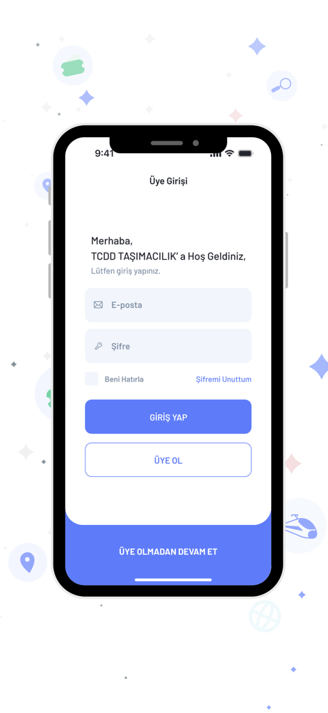 E-Bilet TCDDアプリのログイン画面。メールとパスワードの入力フィールド、サインインボタンが表示されています。
