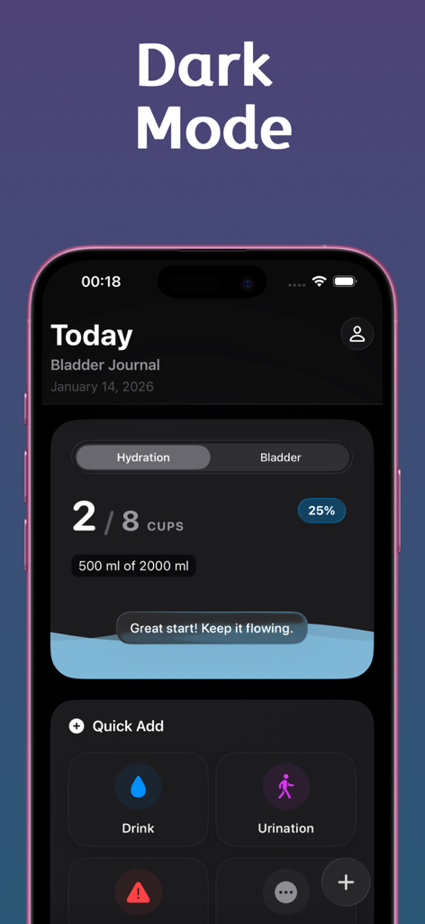 Oberfläche der Blasentagebuch- und Journal-App im Dark-Mode, die den Fortschritt der Flüssigkeitszufuhr und Schaltflächen zum schnellen Hinzufügen von Protokollen anzeigt