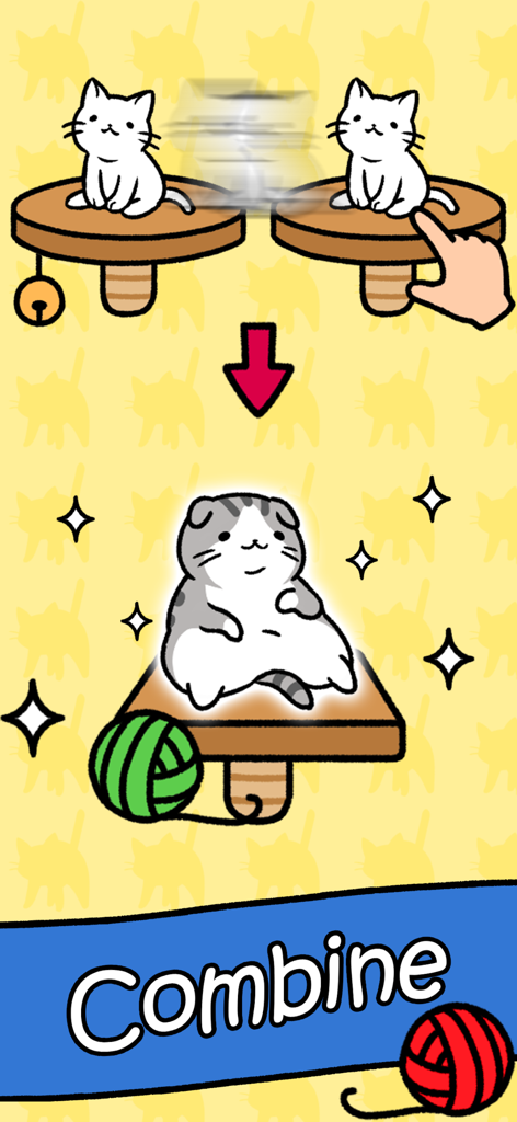 Cat Condo - Eine visuelle Demonstration der Zusammenführung zweier weißer Kätzchen zur Erzeugung einer neuen grau-weißen Katze im Spiel Cat Condo.