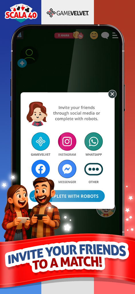 Interfaccia che mostra le opzioni per invitare amici a una partita di Scala 40 tramite social media o giocare contro i robot