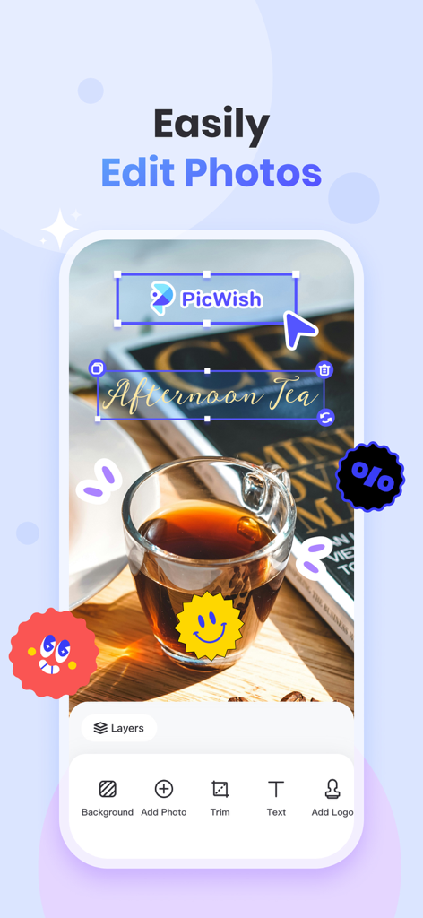 Pantalla de la aplicación móvil PicWish que muestra herramientas de edición de fotos para agregar texto y logotipos a una imagen