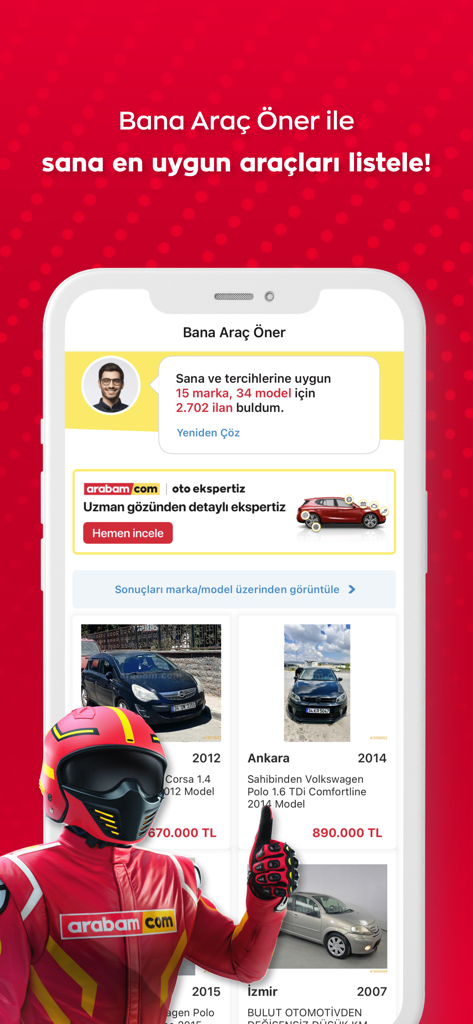 arabam.com - Interface do aplicativo arabam.com mostrando recomendações de veículos e anúncios de carros usados.