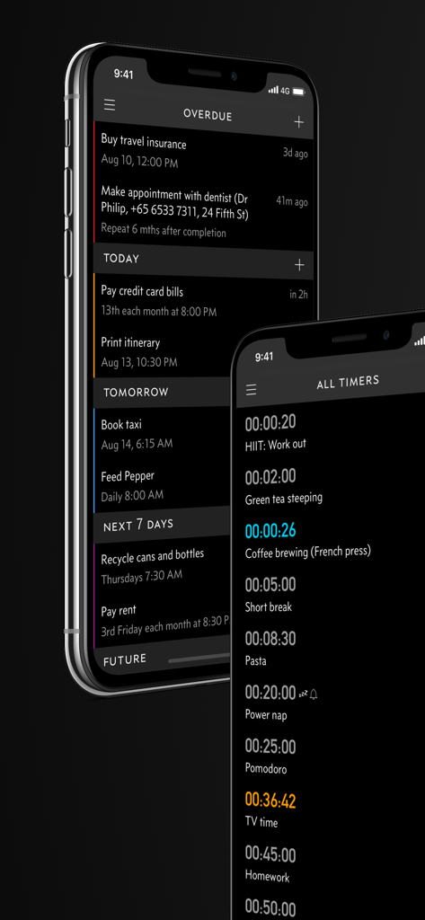 Due - Reminders & Timers - Interface do aplicativo Due no iPhone mostrando lembretes atrasados e contadores regressivos