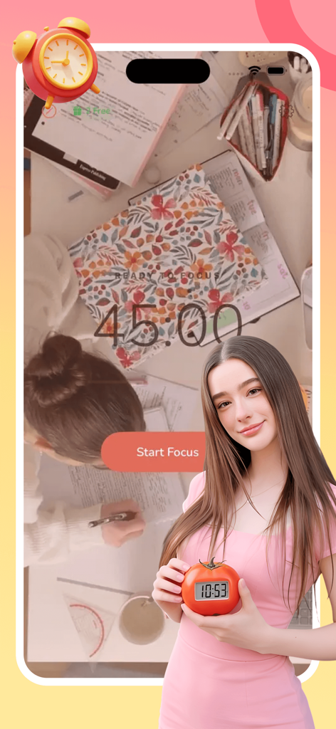 Pomie - Uma mulher segurando um timer de tomate sobre um fundo de estudo estético lo-fi com um botão de foco de 45 minutos.