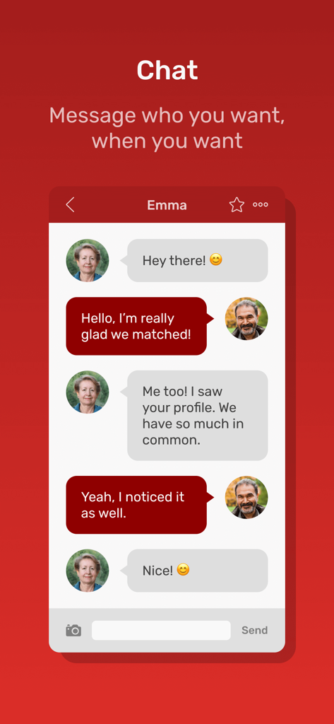 Un'interfaccia di chat mobile dall'app Incontri Senior che mostra una conversazione amichevole tra due persone mature