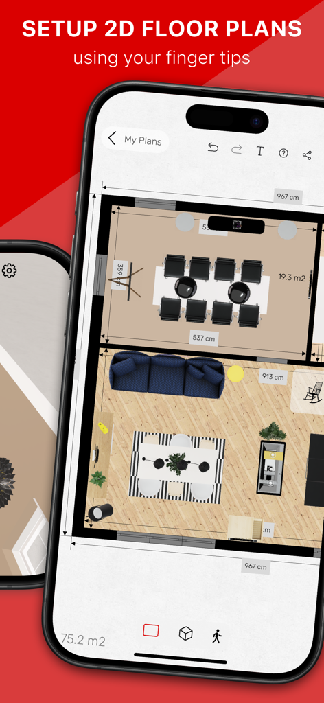 Roomle 3D & AR room planner - Um smartphone exibindo um layout de planta baixa 2D com móveis e dimensões no aplicativo Roomle