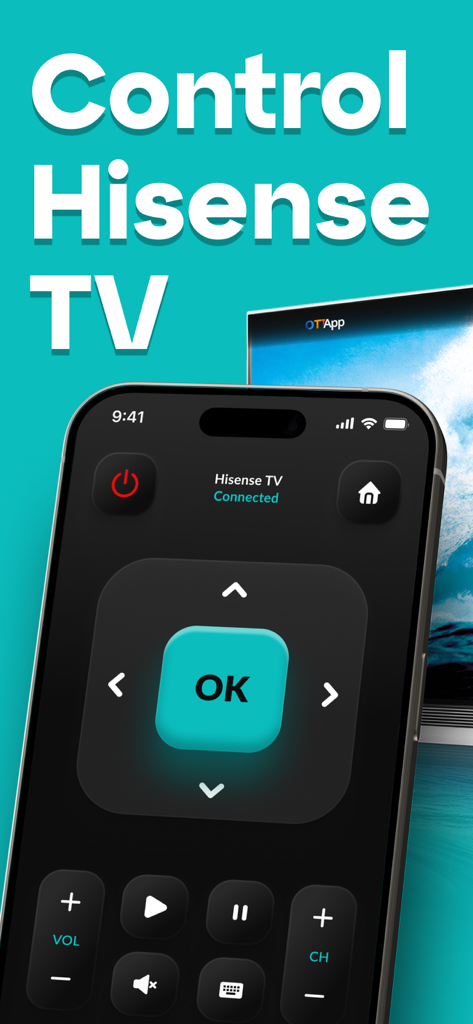 Remote for Hisense TV. - A smartphone displaying the Hisense TV remote control app interface with a directional pad and volume controls.