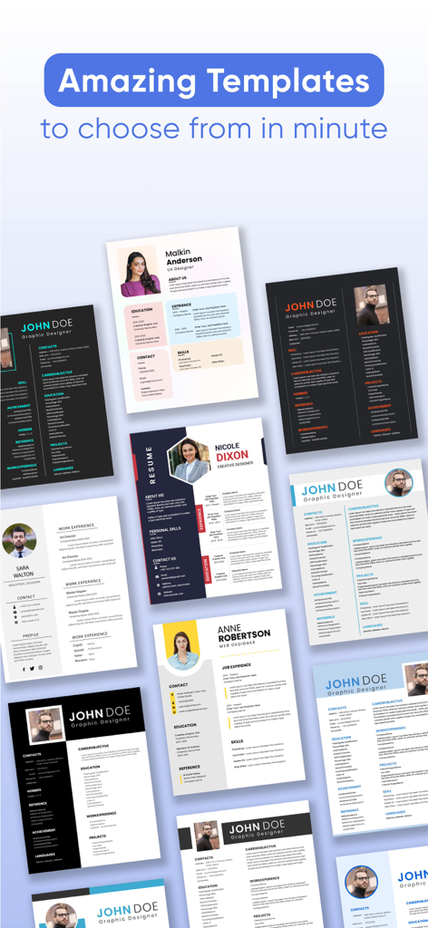 Resume Maker - CV Builder ۬ - Una variedad de plantillas de currículum y CV profesionales mostradas en la aplicación