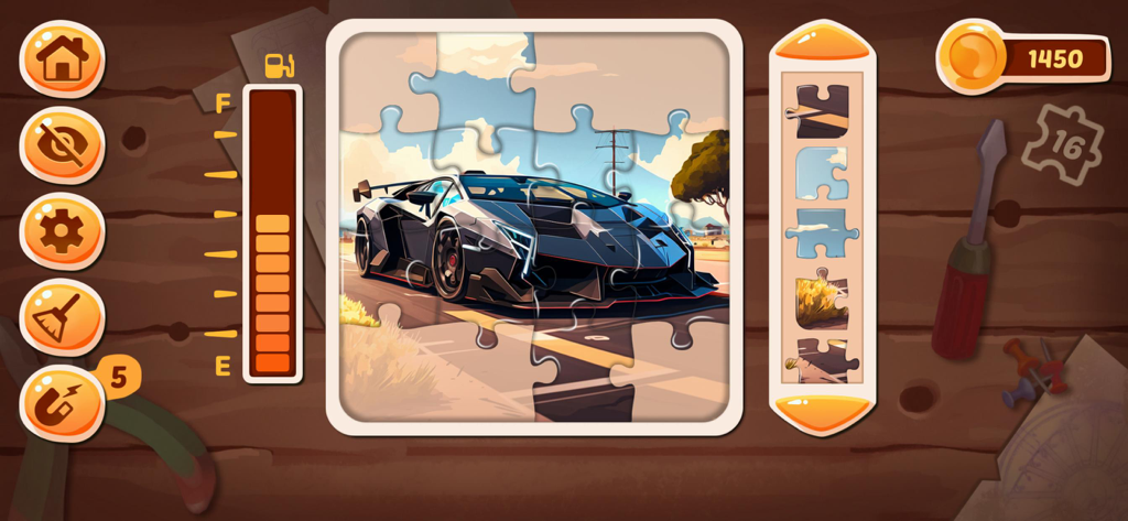 Truck Games Epic Jigsaw Puzzle - A jigsaw puzzle gameplay screen showing a black sports car being assembled on a wooden table interface.