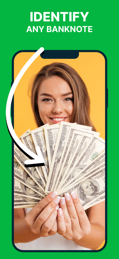 Una pantalla de smartphone de la aplicación CashScan que muestra a una mujer sosteniendo un abanico de billetes de dólar con el texto Identifica Cualquier Billet