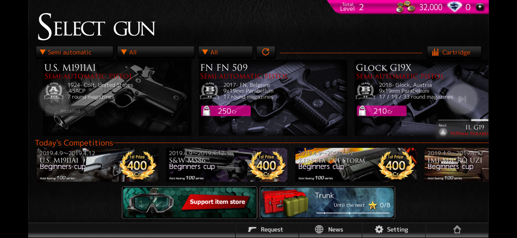Gun selection menu in Magnum 3.0 featuring various semi-automatic pistols and daily competitions.