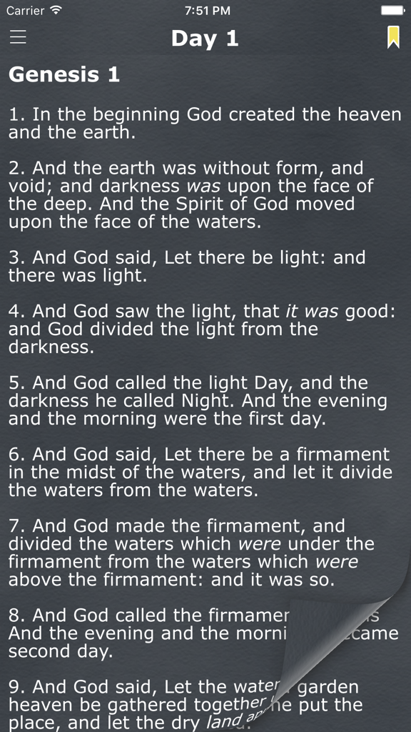 Chronological Bible in a Year - KJV Daily Reading - Reading screen of the Chronological Bible app showing Genesis chapter one on day one of the reading plan.
