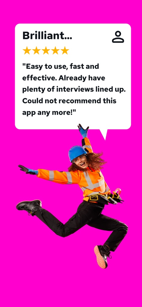Reed.co.uk Job Search - Five star user review for the Reed job search app featuring a jumping worker in high visibility clothing