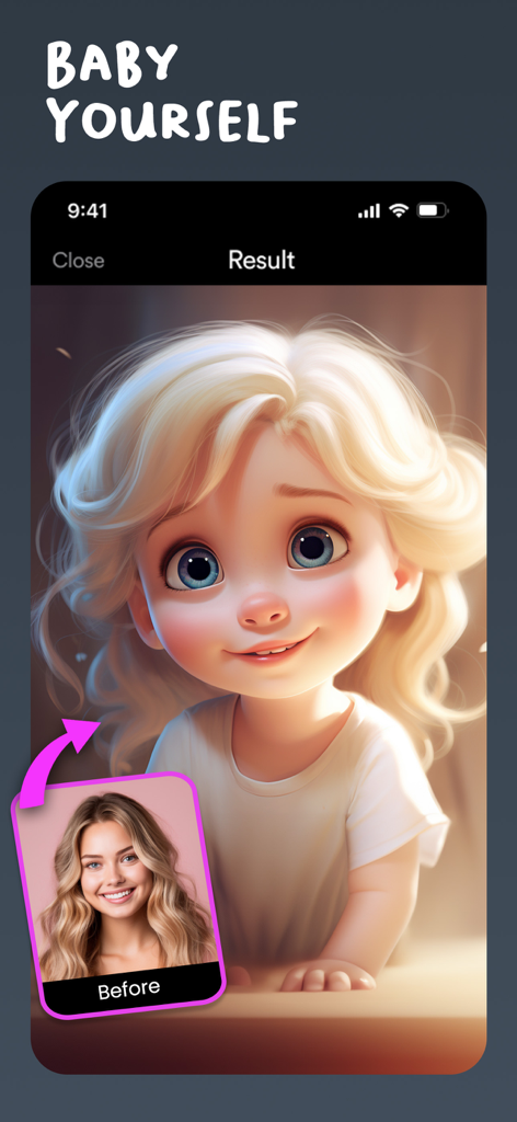 Une femme transformée en bébé dessin animé 3D à l'aide du filtre IA 'baby yourself'