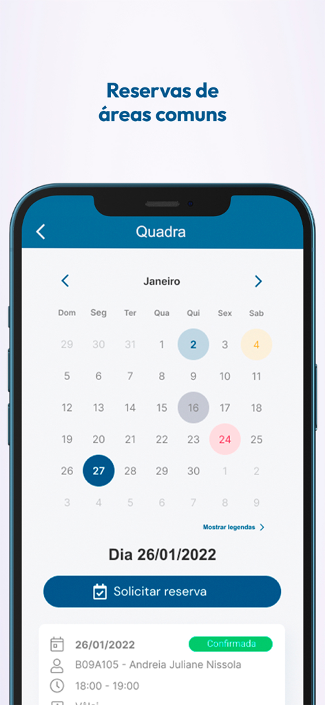 Condomob Condomínios - Mobile app screen showing a monthly calendar for booking common areas like a sports court with a reservation request button.