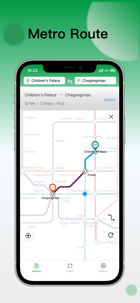 Mobile interface of the Shenzhen Metro Map app displaying a subway route with English labels and transfer details.