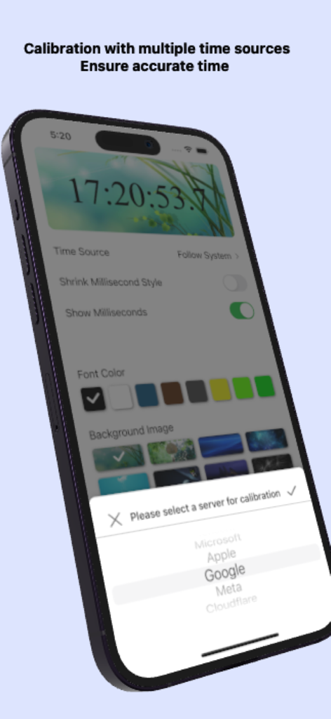 Floating Clock - ms level - Kalibrierungsbildschirm der Floating Clock App, der Netzwerkzeitserver-Optionen anzeigt
