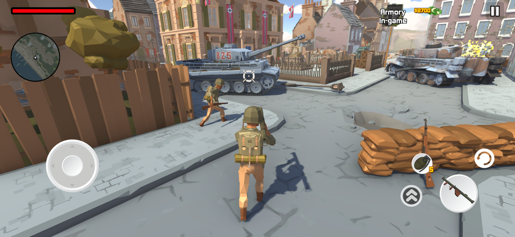 World War II Polygon Army - Jugabilidad de shooter en tercera persona de World War II Polygon Army que muestra un soldado y tanques estadounidenses en un entorno urbano de baja poligonización