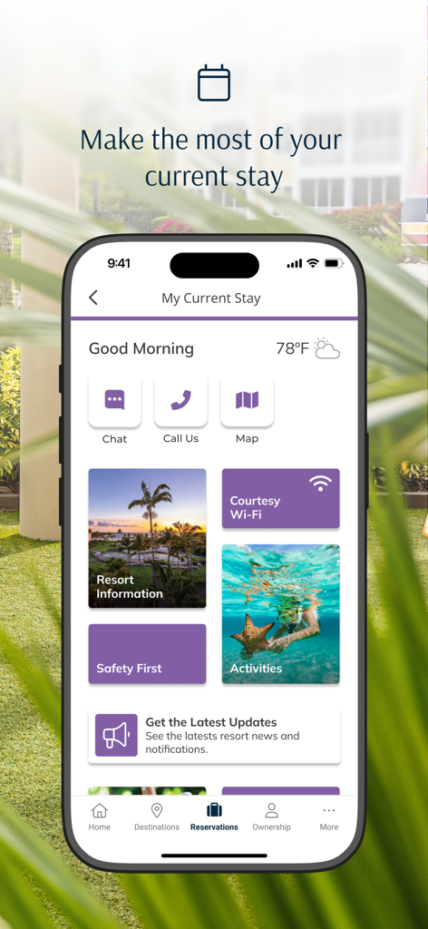 Sheraton® Vacation Club - A mobile app interface for Sheraton Vacation Club showing options for chat, maps, resort information, and activities during a stay.