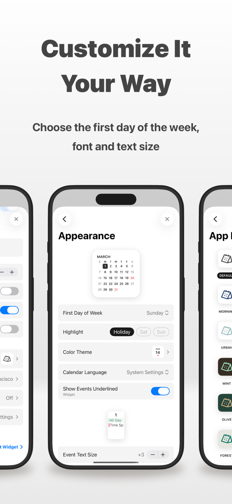 minical - Planner & Calendar - Interface do aplicativo minical mostrando configurações de personalização de aparência e ícone